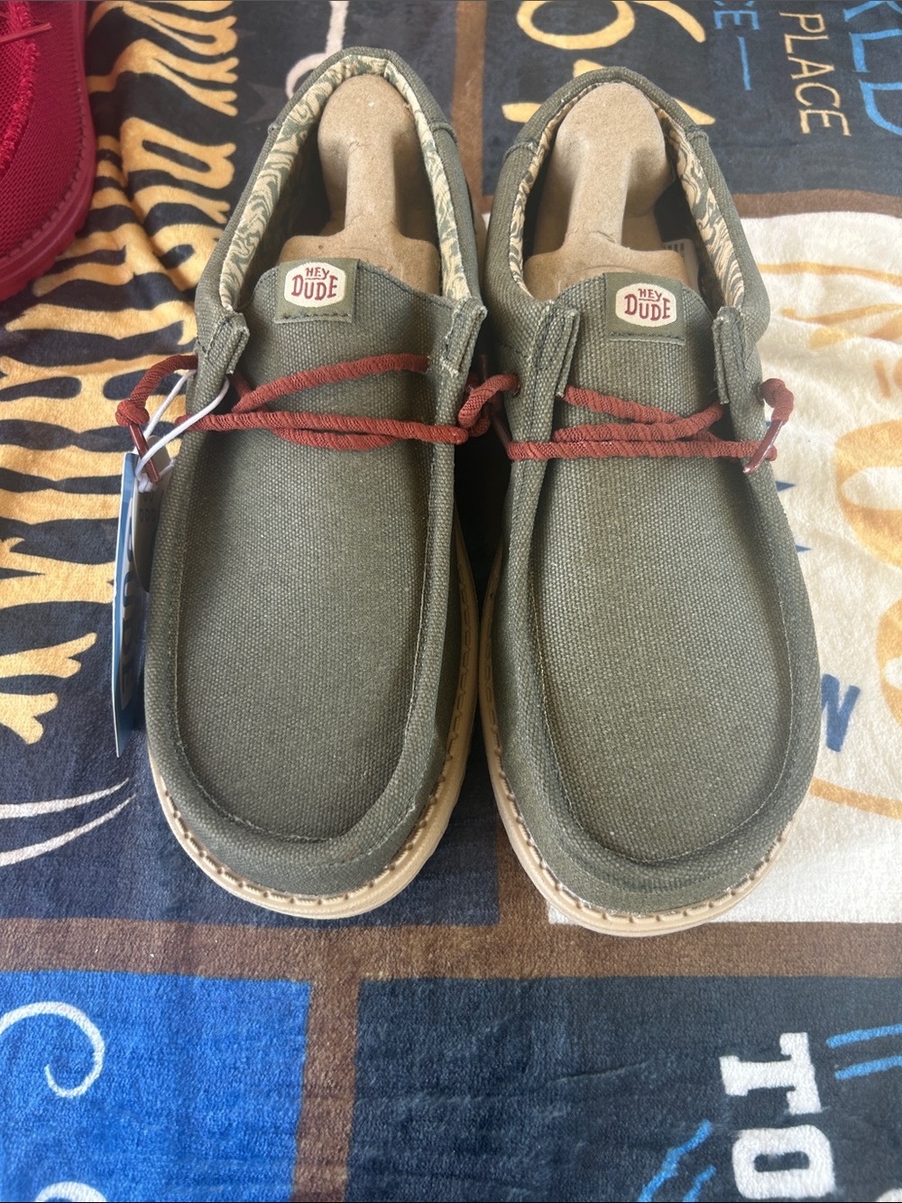Hey Dude Olive Canvas Slip-Ons with Rust Laces